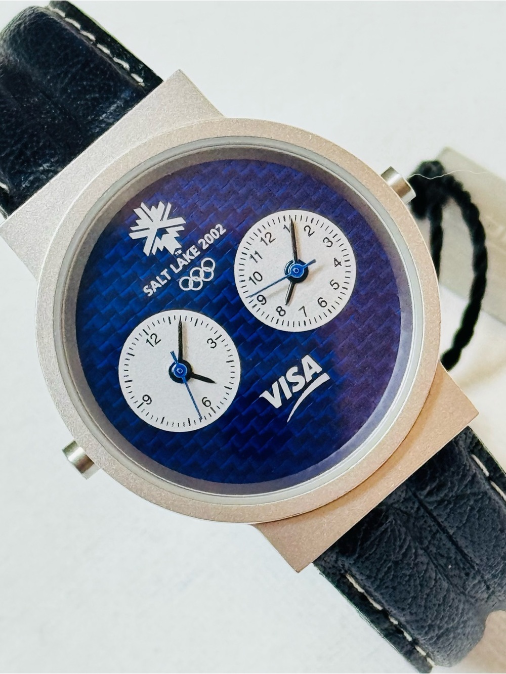 Vintage Jorg Gray Dual Time 34mm Watch 2002 Salt Lake Olympics Silver Blue Strap